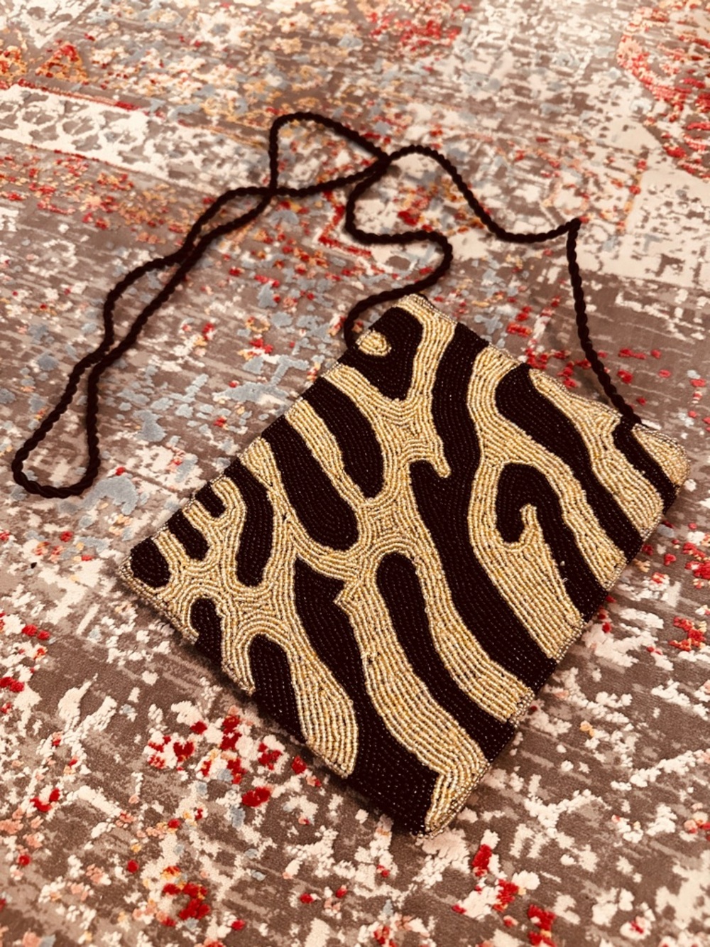 Beaded Zebra Print Crossbody Bag - Black & Gold